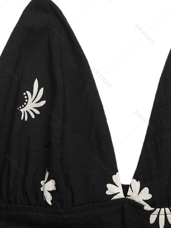 Vintage Halter Dress Allover Floral Leaf Print Open Back Vacation Dress - Noir XL | US 12
