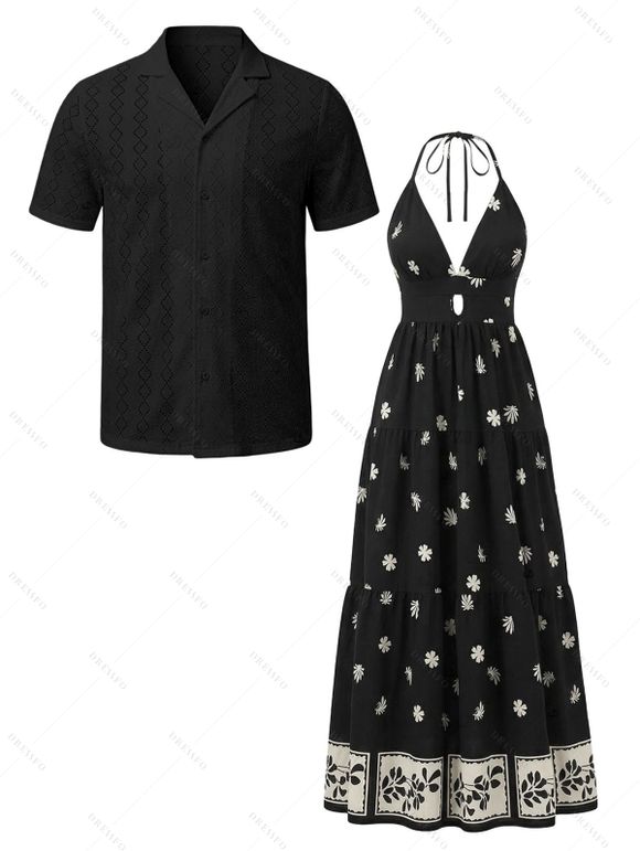 Vintage Couple Outfit Allover Floral Leaf Print Open Back Halter Dress and Geometric Hollow Out Shirt Set - Noir S | US 4