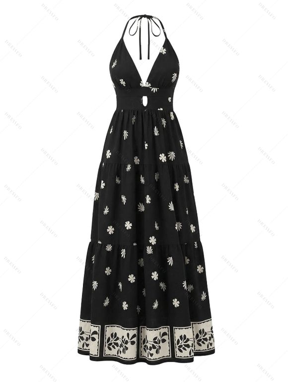 Vintage Couple Outfit Allover Floral Leaf Print Open Back Halter Dress and Geometric Hollow Out Shirt Set - Noir S | US 4