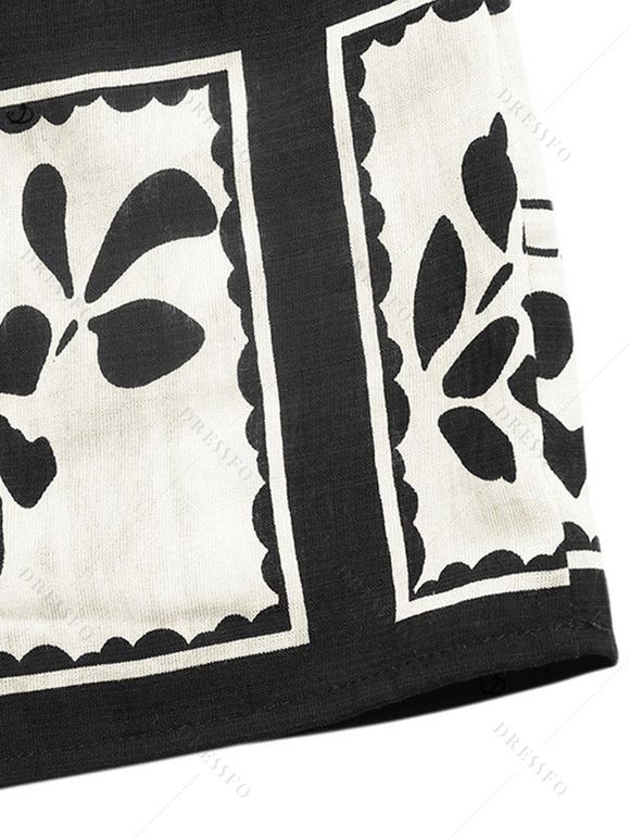 Vintage Couple Outfit Allover Floral Leaf Print Open Back Halter Dress and Geometric Hollow Out Shirt Set - Noir S | US 4