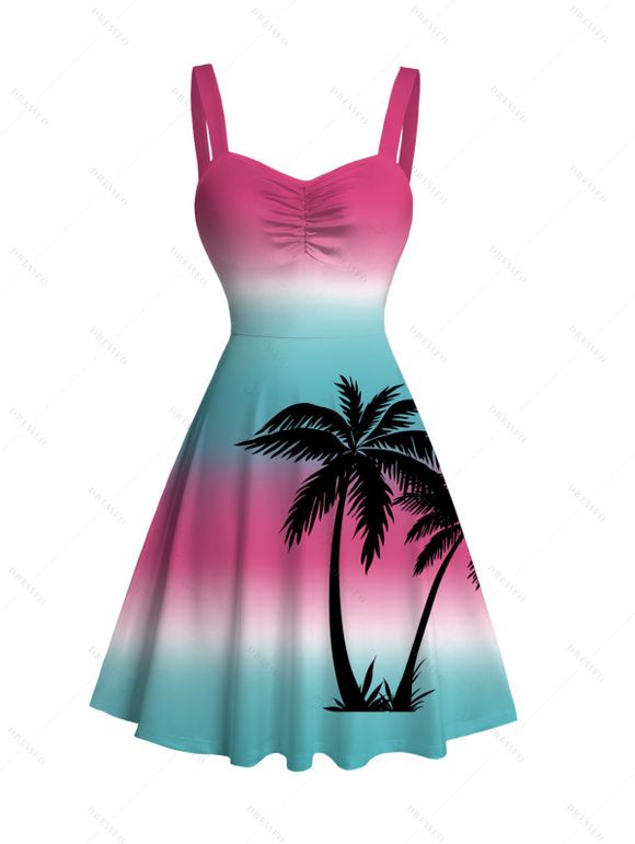 Beach Vacation Couple Outfit Ombre Coconut Tree Print Ruched Bust Dress and Shirt Set - multicolor S | US 4