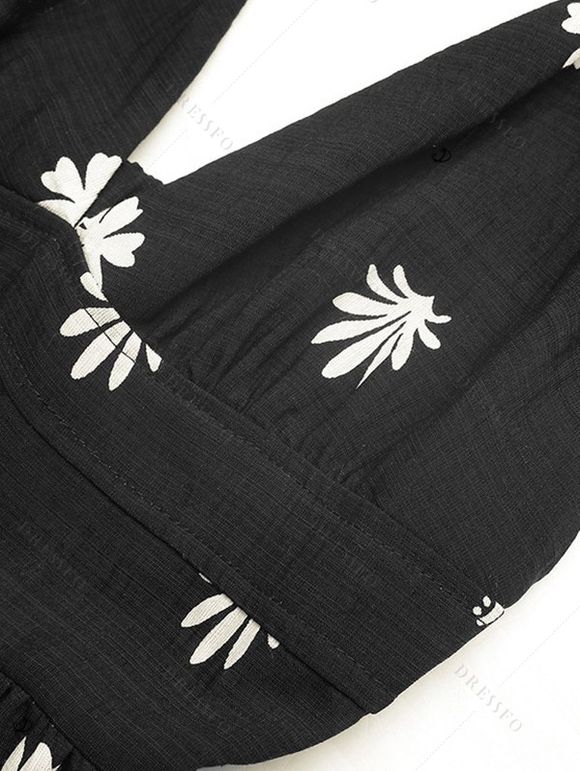 Vintage Couple Outfit Allover Floral Leaf Print Open Back Halter Dress and Geometric Hollow Out Shirt Set - Noir S | US 4