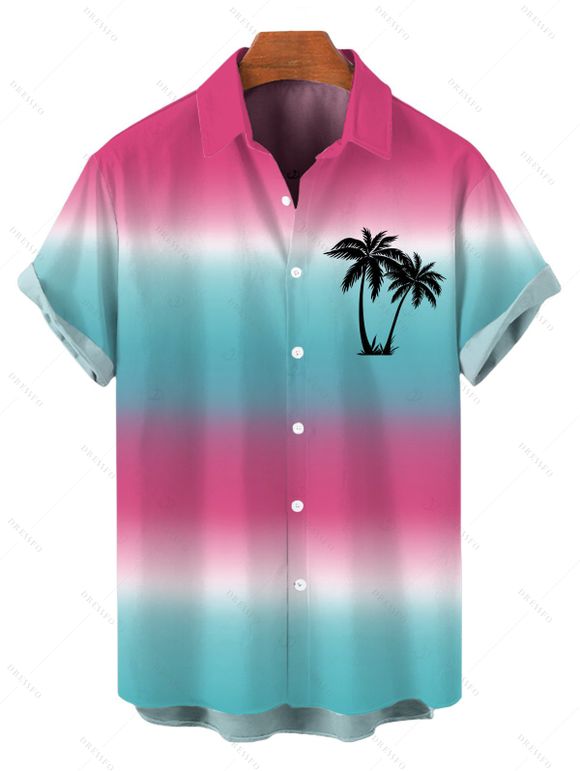 Beach Vacation Couple Outfit Ombre Coconut Tree Print Ruched Bust Dress and Shirt Set - multicolor S | US 4