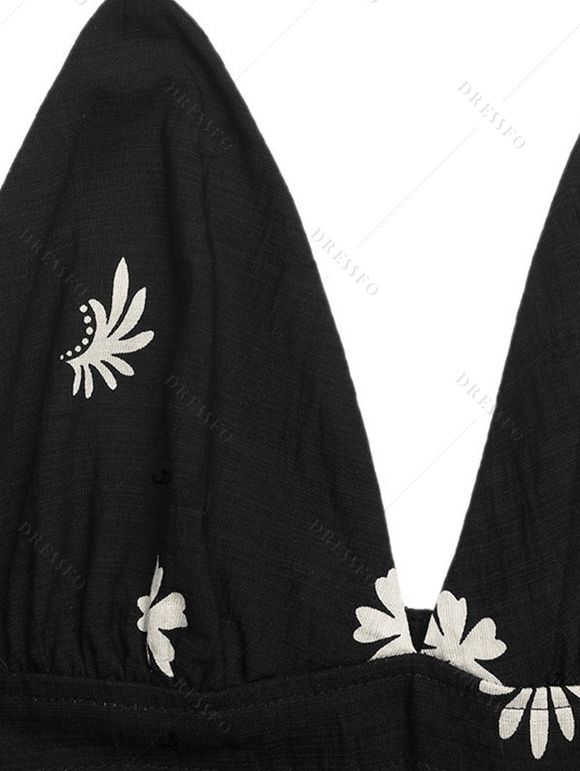 Vintage Couple Outfit Allover Floral Leaf Print Open Back Halter Dress and Geometric Hollow Out Shirt Set - Noir S | US 4