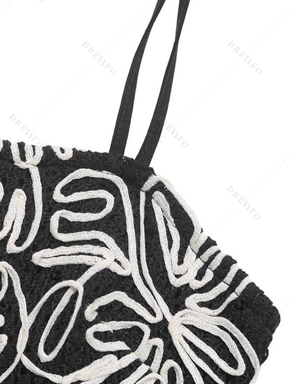 Vacation Dress Sketch Floral Pattern Tied Shoulder Pocket Spaghetti Strap Mini Dress - Noir XL | US 12