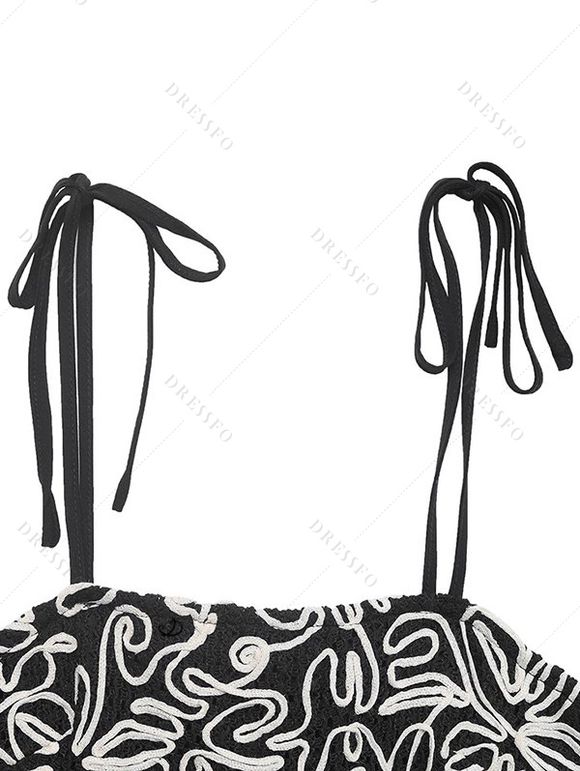 Vacation Dress Sketch Floral Pattern Tied Shoulder Pocket Spaghetti Strap Mini Dress - Noir XL | US 12