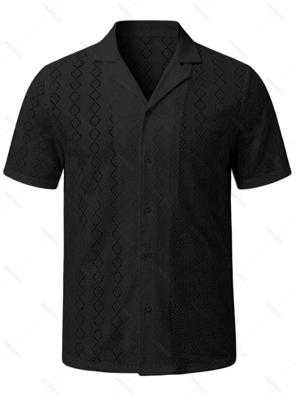 Vintage Vacation Couple Outfit Sketch Floral Pattern Tied Shoulder Pocket Dress and Geometric Hollow Out Shirt Set - Noir S | US 4