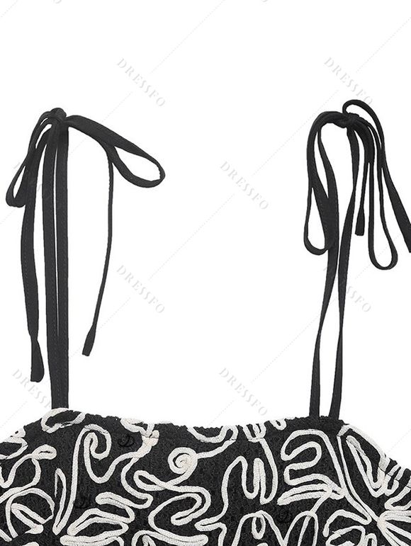 Vintage Vacation Couple Outfit Sketch Floral Pattern Tied Shoulder Pocket Dress and Geometric Hollow Out Shirt Set - Noir S | US 4