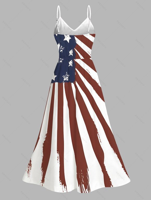 American Flag Elements Pattern Independence Day Dress Star Striped Print Lace Hollow Out Slit Patriotic Dress - Rouge Vineux XXXXXL | US 20