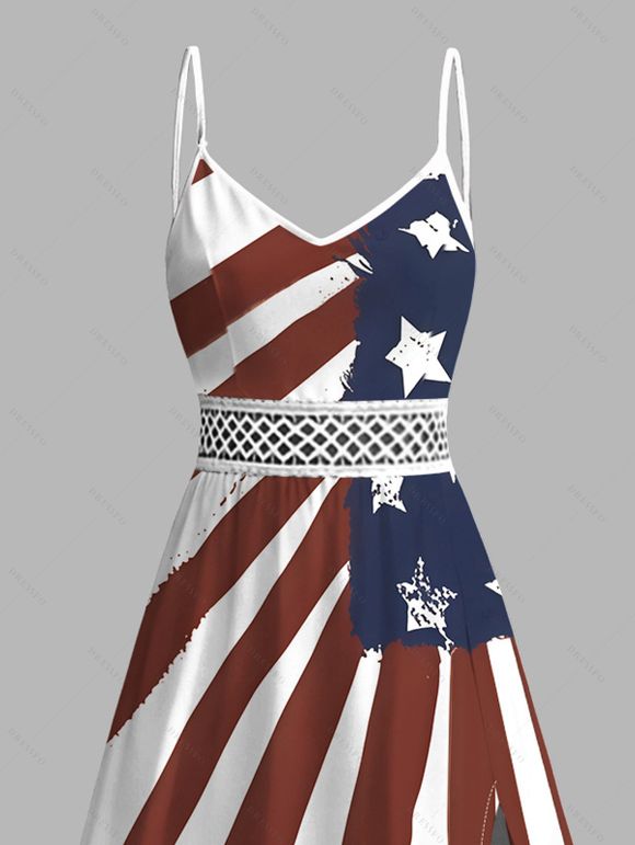 American Flag Elements Pattern Independence Day Dress Star Striped Print Lace Hollow Out Slit Patriotic Dress - Rouge Vineux XXXXXL | US 20