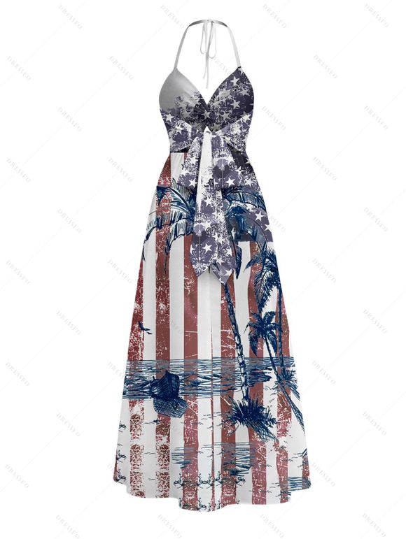 American Flag Star Striped Coconut Tree Pattern Independence Day Halter Dress Star Striped Print Twisted Cut Out Slit Patriotic Dress - multicolor A XXL | US 14