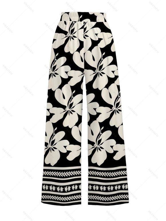 Hawaii Vacation Pants Tribal Hibiscus Floral Print Pocket Wide Leg Belt Pants - Noir XXXXXL | US 20