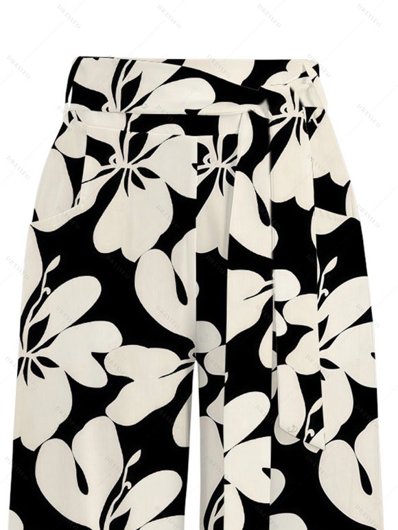 Hawaii Vacation Pants Tribal Hibiscus Floral Print Pocket Wide Leg Belt Pants - Noir XXXXXL | US 20