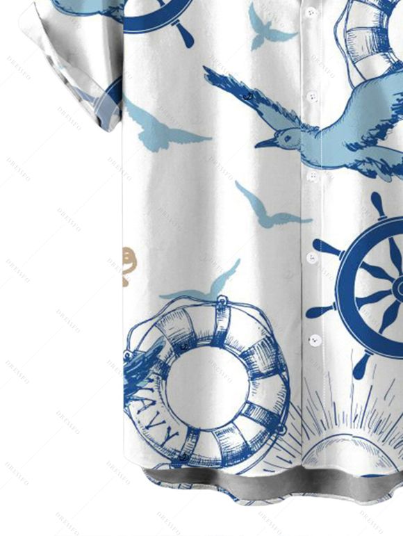 Vacation Couple Outfit Nautical Style Ship Wheel Seagull Print Ruched Dress and Shirt Set - Bleu profond S | US 4