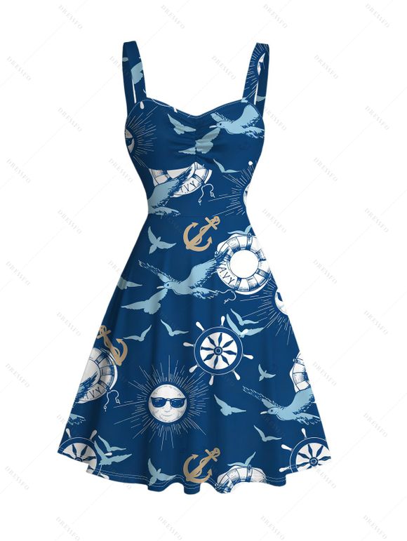 Vacation Couple Outfit Nautical Style Ship Wheel Seagull Print Ruched Dress and Shirt Set - Bleu profond S | US 4