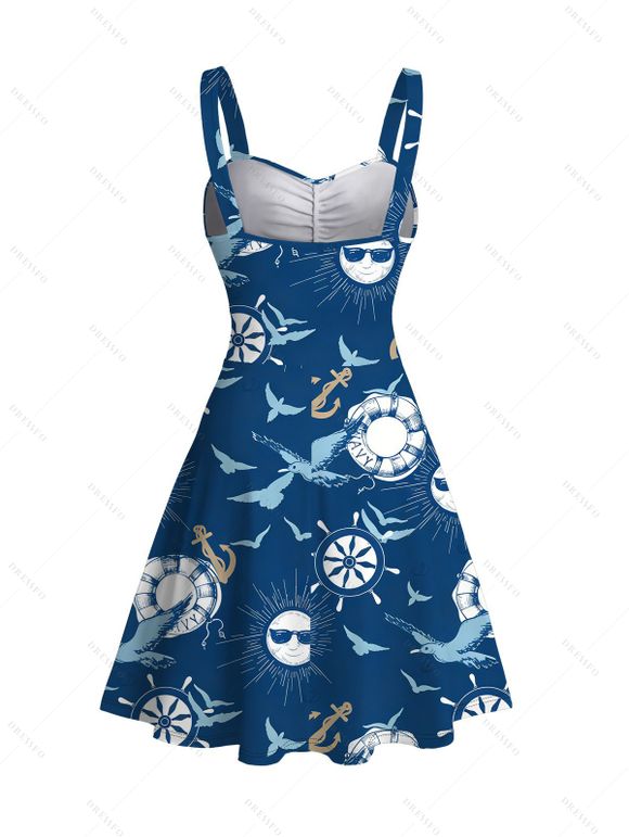 Vacation Couple Outfit Nautical Style Ship Wheel Seagull Print Ruched Dress and Shirt Set - Bleu profond S | US 4
