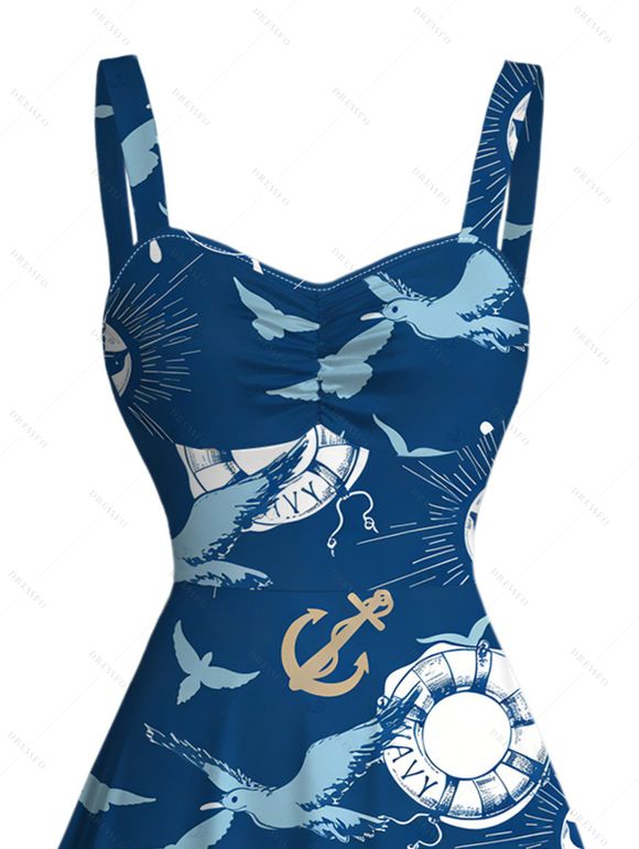 Vacation Couple Outfit Nautical Style Ship Wheel Seagull Print Ruched Dress and Shirt Set - Bleu profond S | US 4