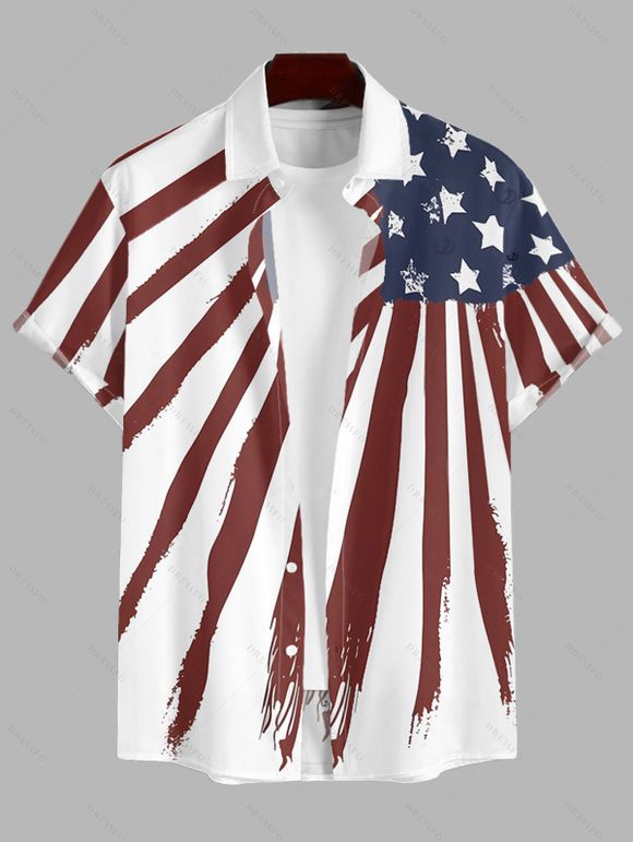 American Flag Elements Pattern Independence Day Couple Outfit Star Striped Print Lace Hollow Out Slit Dress and Shirt Patriotic Set - multicolor A S | US 4