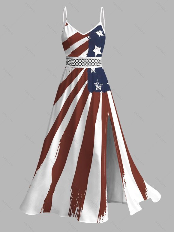 American Flag Elements Pattern Independence Day Couple Outfit Star Striped Print Lace Hollow Out Slit Dress and Shirt Patriotic Set - multicolor A S | US 4