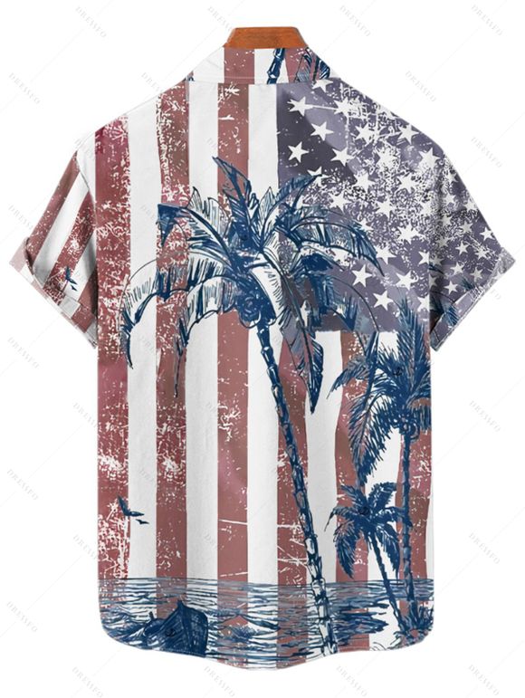 Independence Day Couple Outfit American Flag Star Striped Coconut Tree Pattern Twisted Cut Out Slit Halter Dress and Shirt Patriotic Set - multicolor A S | US 4