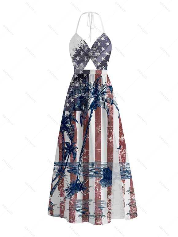 Independence Day Couple Outfit American Flag Star Striped Coconut Tree Pattern Twisted Cut Out Slit Halter Dress and Shirt Patriotic Set - multicolor A S | US 4