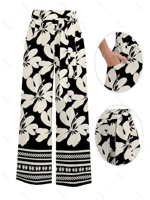 Vacation Couple Outfit Skew Neck Ruched Tank Top Tribal Hibiscus Floral Print Belt Pants and Shirt Shorts Set - Noir S | US 4