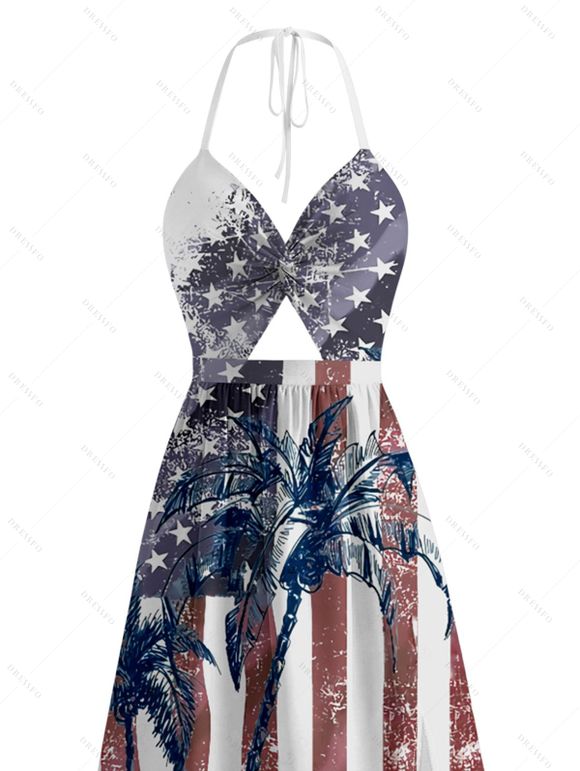 Independence Day Couple Outfit American Flag Star Striped Coconut Tree Pattern Twisted Cut Out Slit Halter Dress and Shirt Patriotic Set - multicolor A S | US 4