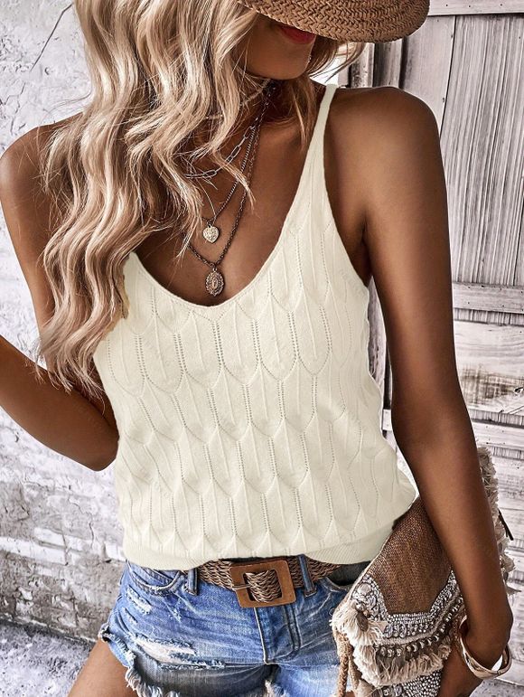 Solid Color Knitted Tank Top Geometric Textured Casual Tank Top - Beige XL | US 10