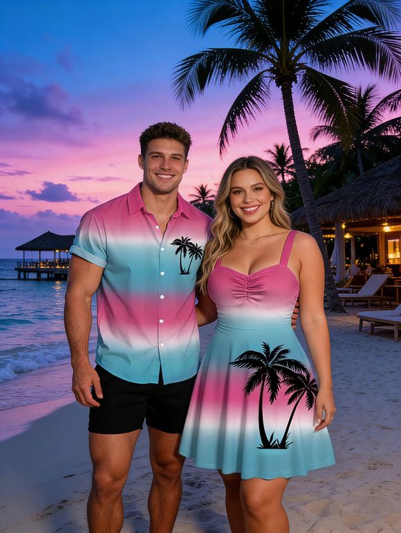 Beach Vacation Couple Outfit Ombre Coconut Tree Print Ruched Bust Dress and Shirt Set - multicolor S | US 4