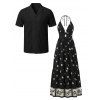 Vintage Couple Outfit Allover Floral Leaf Print Open Back Halter Dress and Geometric Hollow Out Shirt Set - Noir S | US 4