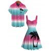 Beach Vacation Couple Outfit Ombre Coconut Tree Print Ruched Bust Dress and Shirt Set - multicolor S | US 4