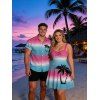 Beach Vacation Couple Outfit Ombre Coconut Tree Print Ruched Bust Dress and Shirt Set - multicolor S | US 4