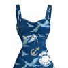 Vacation Couple Outfit Nautical Style Ship Wheel Seagull Print Ruched Dress and Shirt Set - DEEP BLUE S | US 4