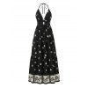 Vintage Halter Dress Allover Floral Leaf Print Open Back Vacation Dress - Noir XL | US 12