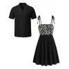 Vintage Vacation Couple Outfit Sketch Floral Pattern Tied Shoulder Pocket Dress and Geometric Hollow Out Shirt Set - Noir S | US 4