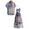 Independence Day Couple Outfit American Flag Star Striped Coconut Tree Pattern Twisted Cut Out Slit Halter Dress and Shirt Patriotic Set - multicolor A S | US 4