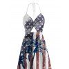 Independence Day Couple Outfit American Flag Star Striped Coconut Tree Pattern Twisted Cut Out Slit Halter Dress and Shirt Patriotic Set - multicolor A S | US 4