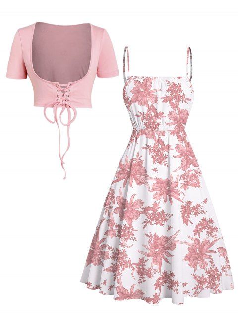 Vacation Set Botanical Floral Print Spaghetti Strap Mini Dress and Lace Solid Color Cropped Top