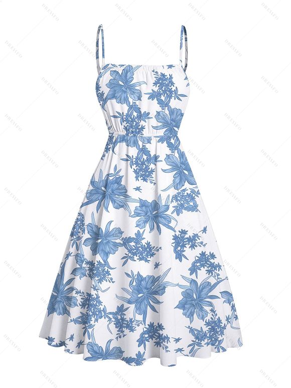 Vacation Set Botanical Floral Print Spaghetti Strap Mini Dress and Lace Solid Color Cropped Top - Bleu clair XXL | US 14