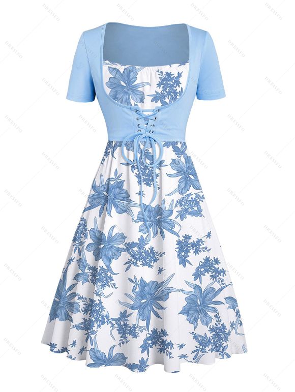 Vacation Set Botanical Floral Print Spaghetti Strap Mini Dress and Lace Solid Color Cropped Top - Bleu clair XXL | US 14