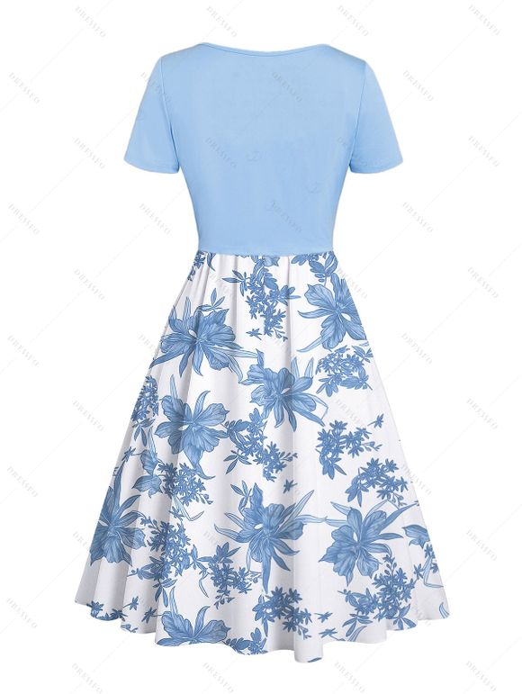 Vacation Set Botanical Floral Print Spaghetti Strap Mini Dress and Lace Solid Color Cropped Top - Bleu clair XXL | US 14