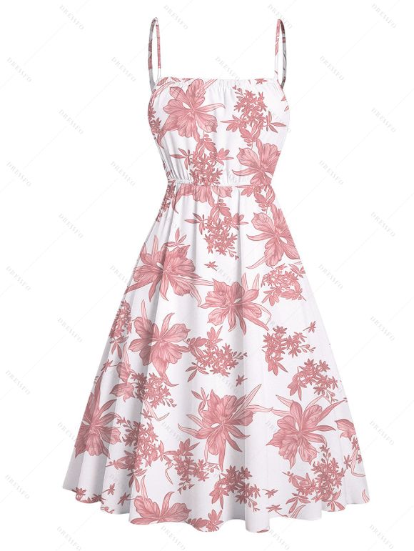 Vacation Set Botanical Floral Print Spaghetti Strap Mini Dress and Lace Solid Color Cropped Top - Rose clair XXL | US 14