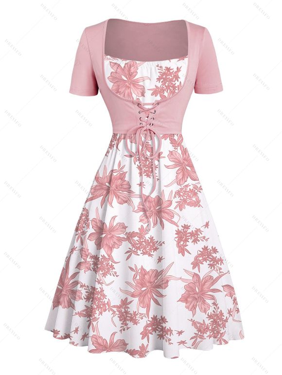 Vacation Set Botanical Floral Print Spaghetti Strap Mini Dress and Lace Solid Color Cropped Top - Rose clair XXL | US 14