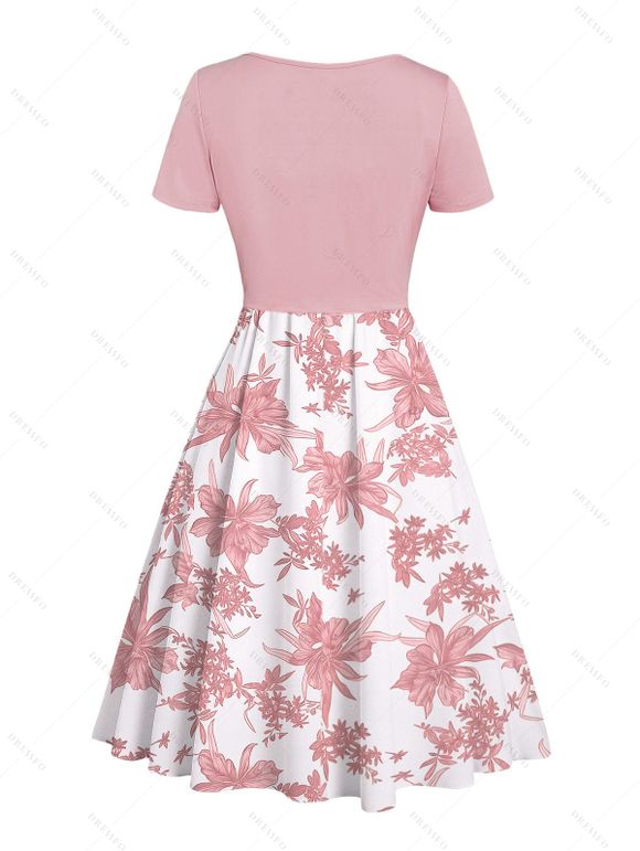 Vacation Set Botanical Floral Print Spaghetti Strap Mini Dress and Lace Solid Color Cropped Top - Rose clair XXL | US 14