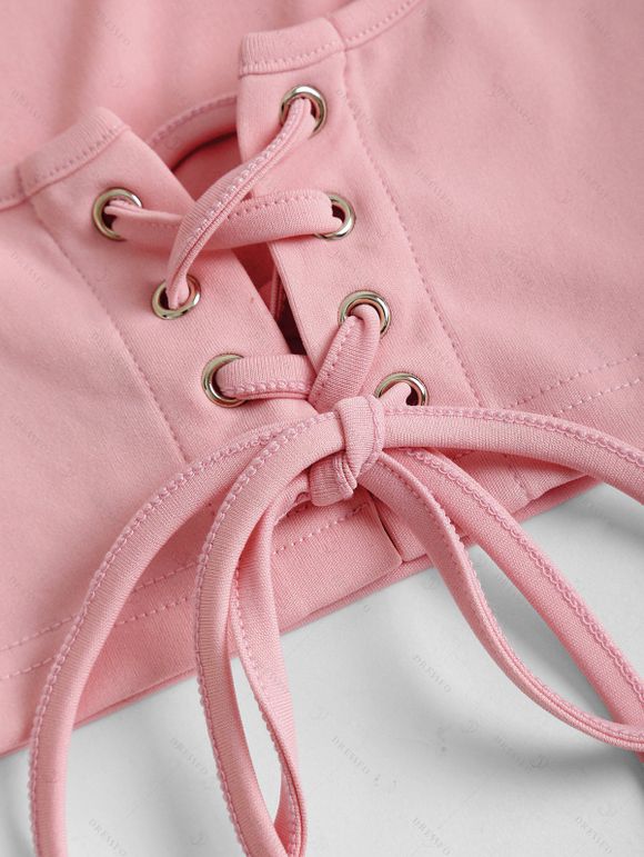 Vacation Set Botanical Floral Print Spaghetti Strap Mini Dress and Lace Solid Color Cropped Top - Rose clair XXL | US 14