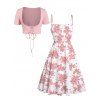 Vacation Set Botanical Floral Print Spaghetti Strap Mini Dress and Lace Solid Color Cropped Top - LIGHT PINK L | US 8-10