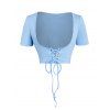 Ensemble vacances : robe mini à bretelles spaghetti imprimée florale et top court uni en dentelle - Bleu clair XXL | US 14