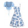 Vacation Set Botanical Floral Print Spaghetti Strap Mini Dress and Lace Solid Color Cropped Top - Bleu clair XXL | US 14