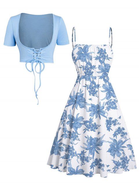 Vacation Set Botanical Floral Print Spaghetti Strap Mini Dress and Lace Solid Color Cropped Top