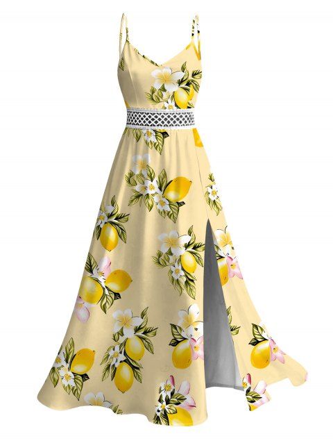 Robe de vacances style frais, motif floral citron frangipanier, dentelle ajourée et fendue